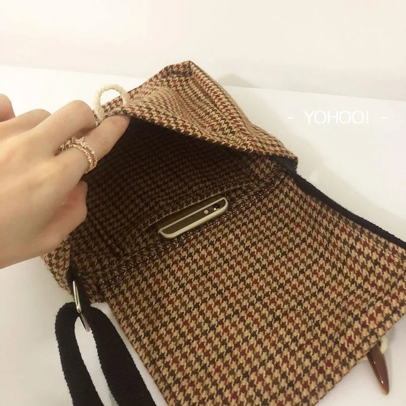 Plaid Vintage Woolen Shoulder Bag Horn Button Fall Winter Cross-body Tote