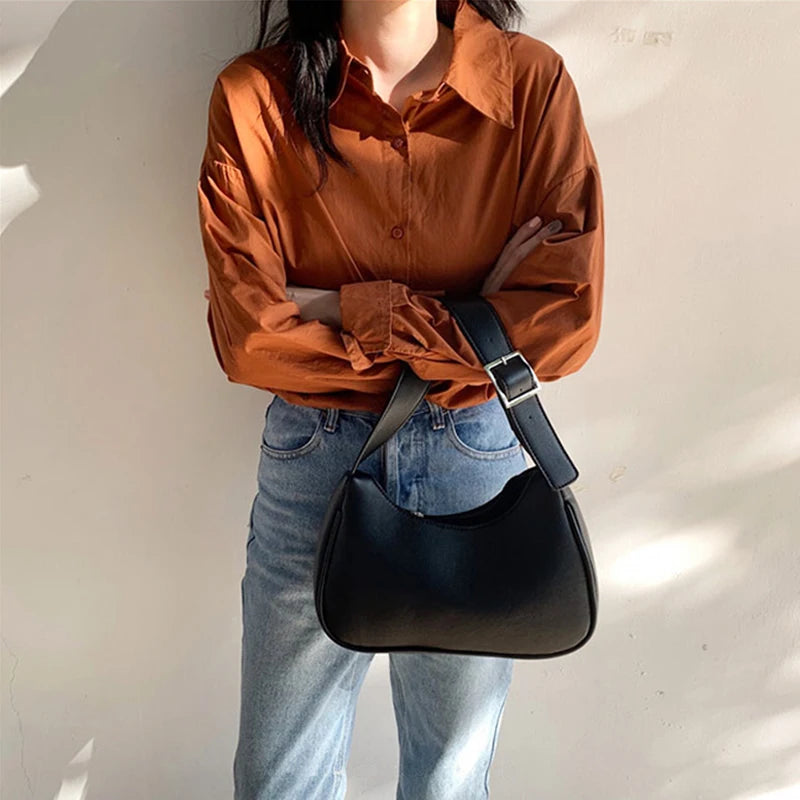 PU Leather Women Underarm Bag Retro Solid Ladies Handbags
