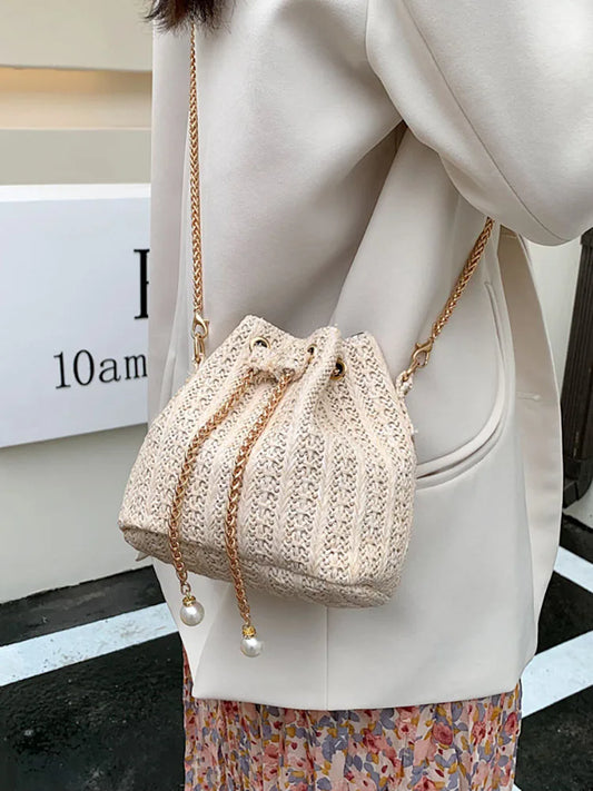 Straw Weaving Chain Women's Handbag Summer Casual Bucket Crossbody Bag