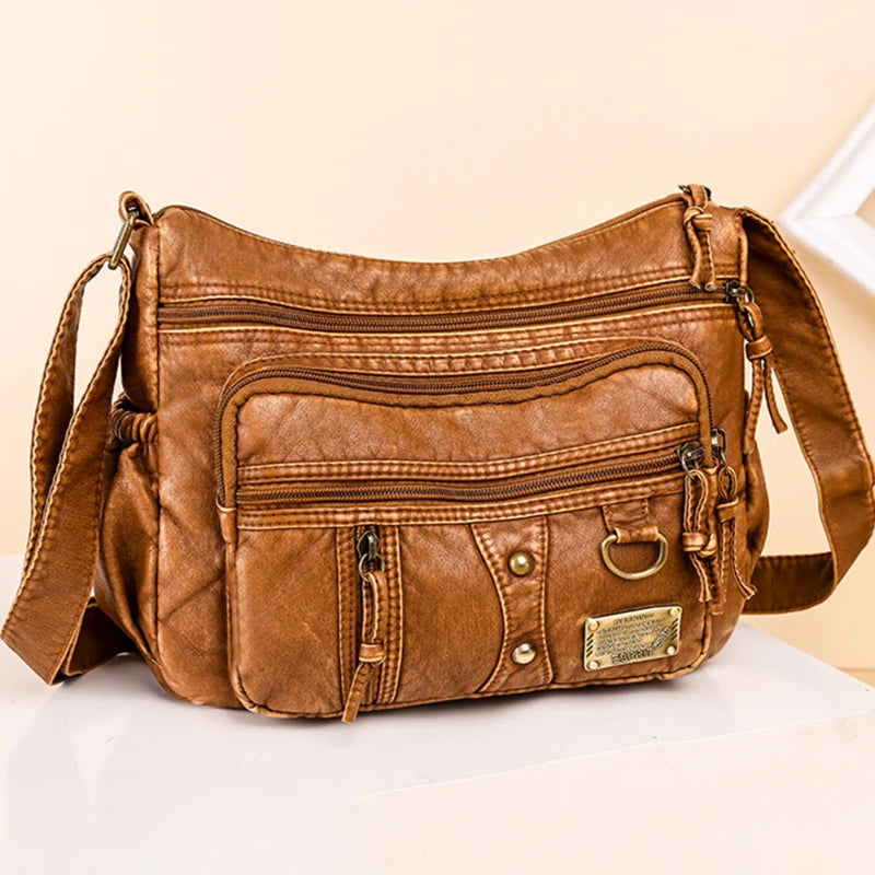 Vintage Crossbody Bag High Capacity Brown Lady Soft Shopper Bag