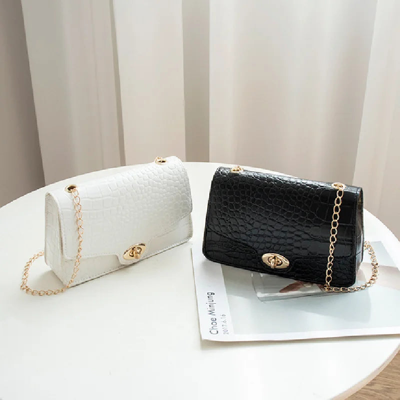 Crocodile Pattern Shoulder Bag with Chain Lock