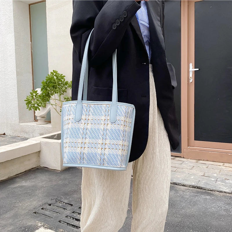 Shoulder Tote Bag Women Plaid PU Large Capacity Ins Style All-match Ins Shopping