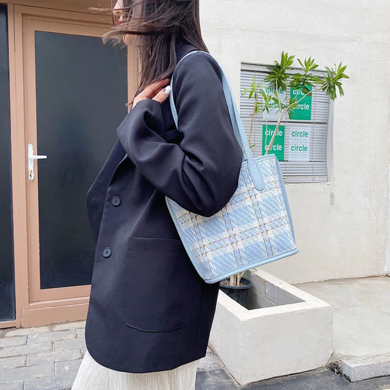 Shoulder Tote Bag Women Plaid PU Large Capacity Ins Style All-match Ins Shopping