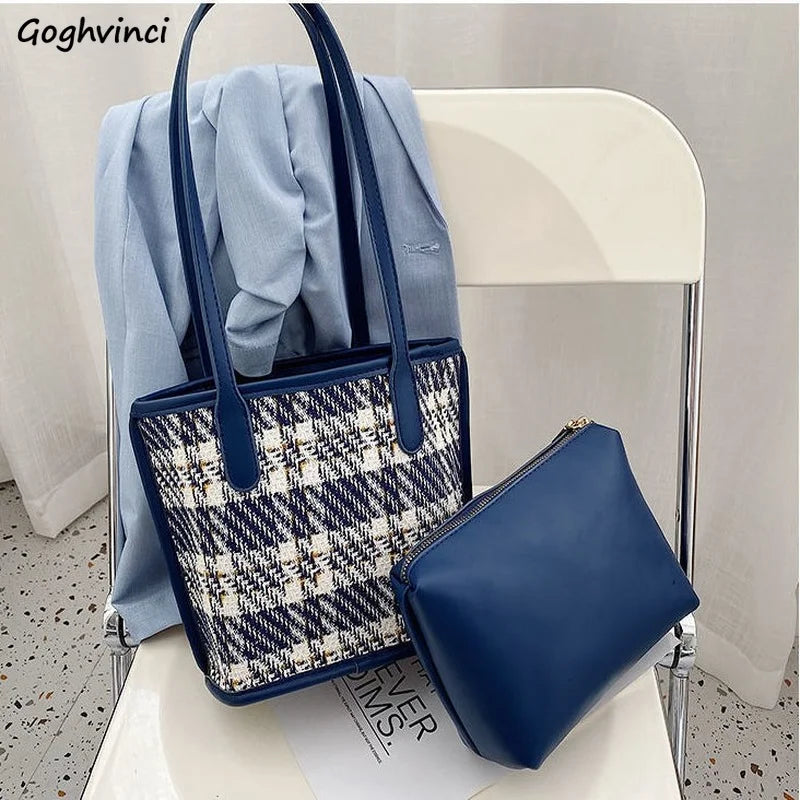 Shoulder Tote Bag Women Plaid PU Large Capacity Ins Style All-match Ins Shopping