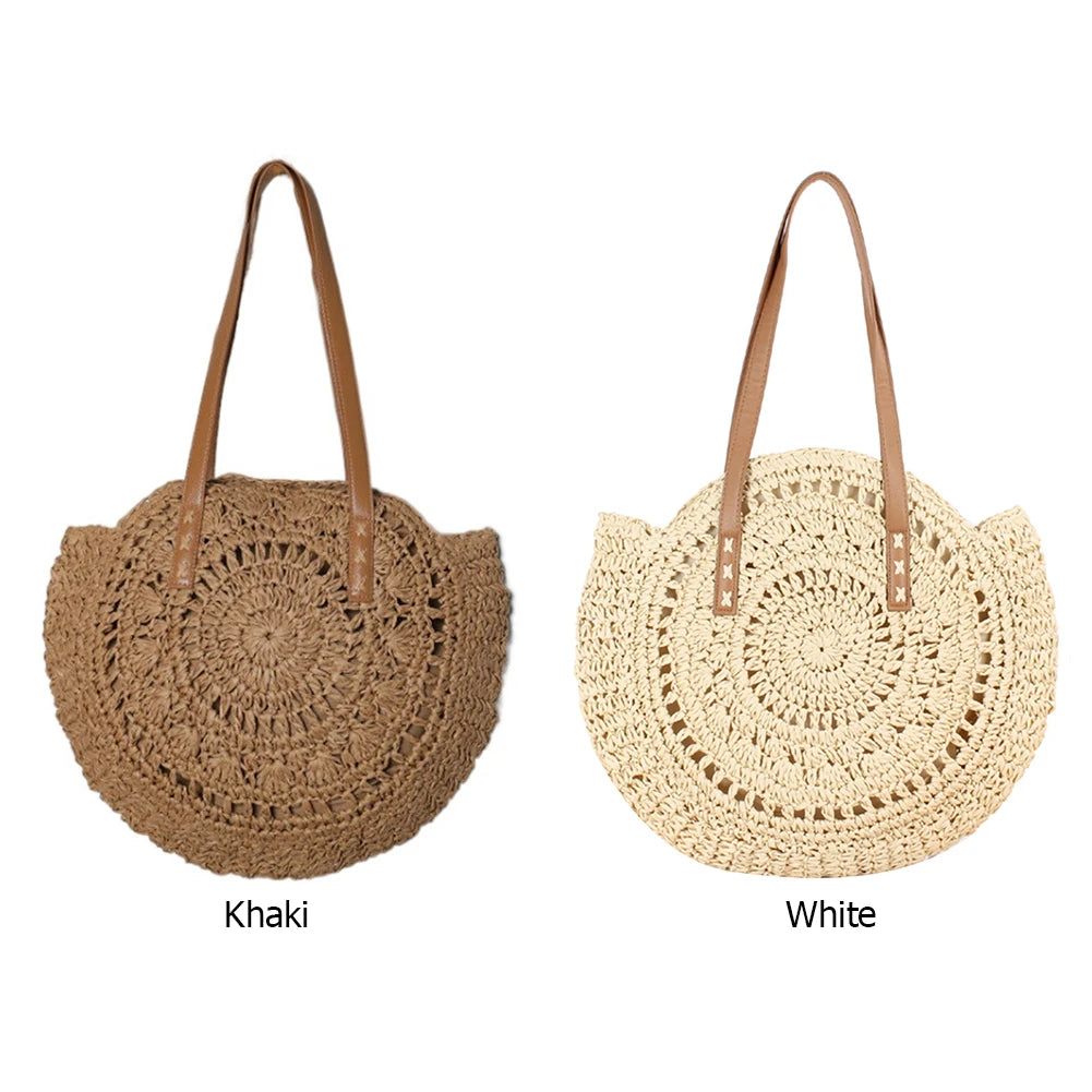 Straw Embossed Ladies Shoulder Bag Round Shape Casual Tote for Shopping