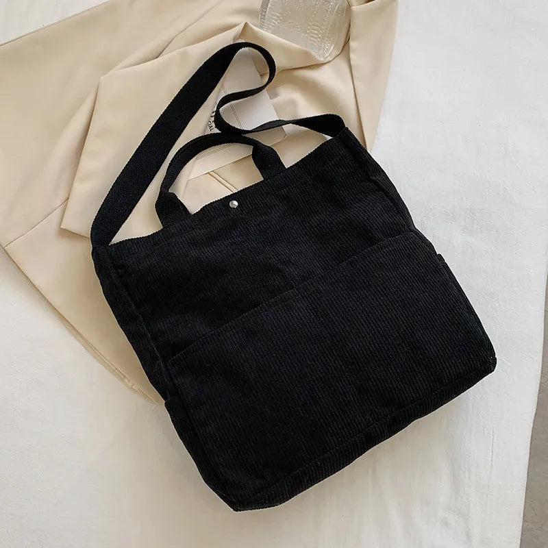 Corduroy Tote Shoulder Bag for Women Large Capacity Winter Soft Solid Messenger