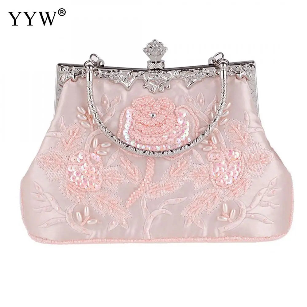 Embroidered Silk Evening Party Clutch Handbag with Floral Design