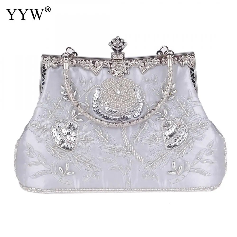 Embroidered Silk Evening Party Clutch Handbag with Floral Design