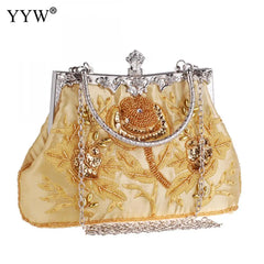 Embroidered Silk Evening Party Clutch Handbag with Floral Design