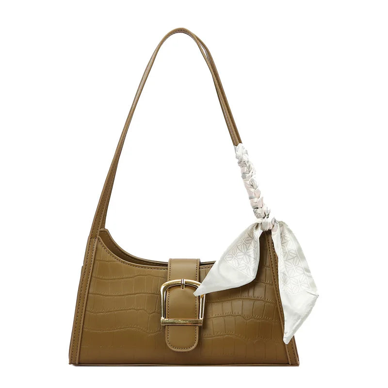 Silk Scarf Shoulder Sling Bags for Women Lady Stone Pattern Leath