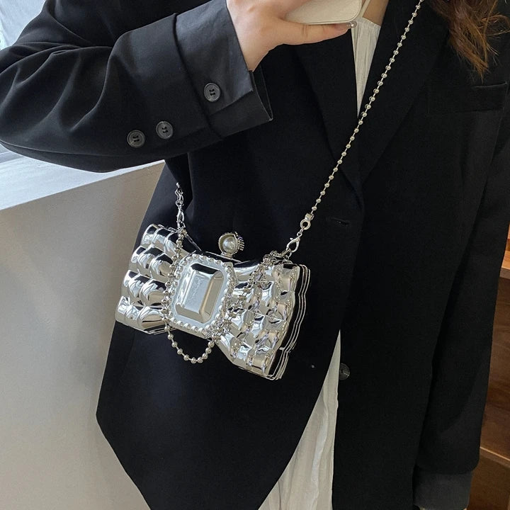 Silver Bow Shaped Party Clutch for Women Wedding Evening Bag