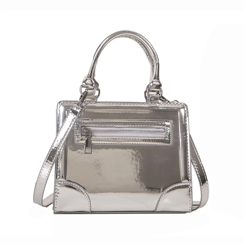 Silver Leather Shoulder Bag Small Square Crossbody Totes