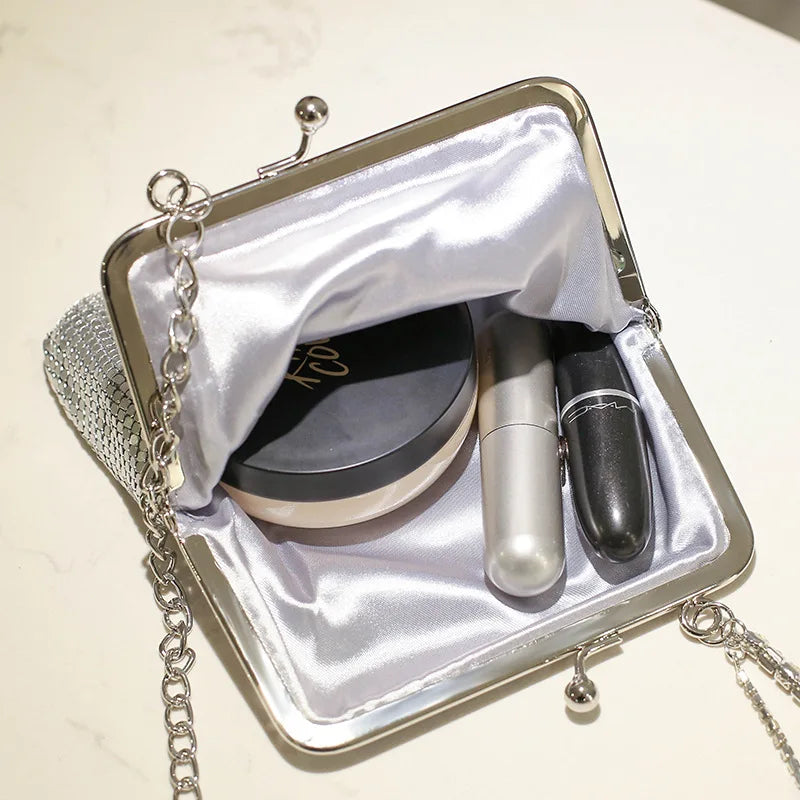 Silver Metal Women Party Clutch Bag Diamond Tassel Crossbody Chain Bag