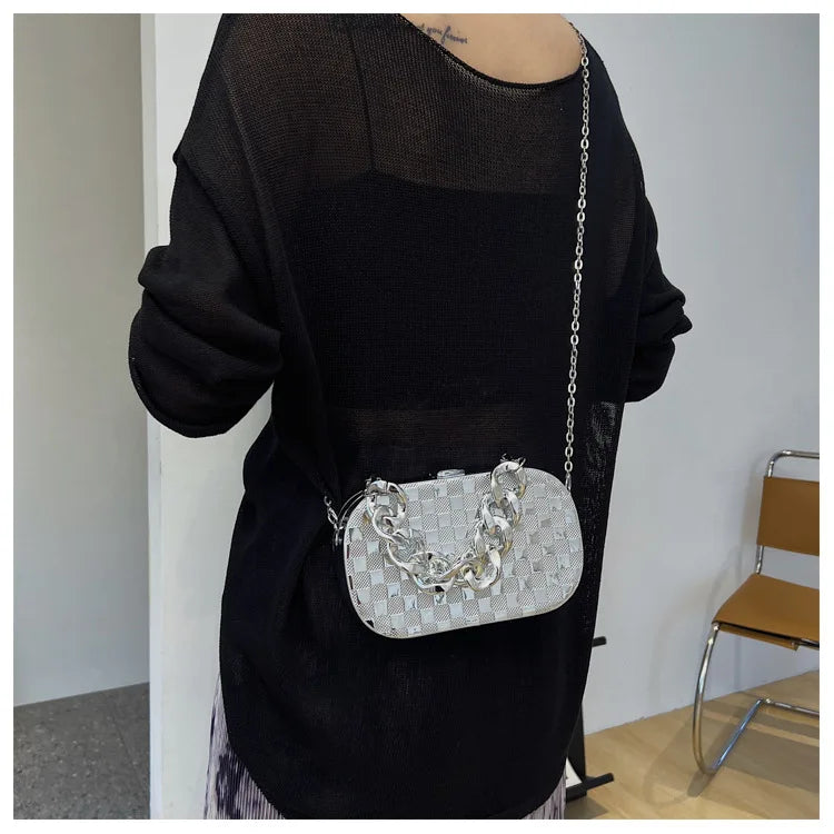 Silver PVC Box Party Clutch Bag Chain Shoulder Crossbody Mini Purse