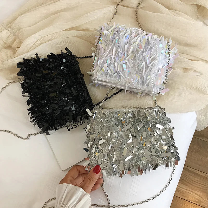 Silver Sequin Rhinestone Tassel Crossbody Clutch Handbag