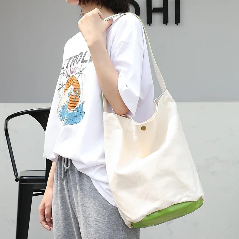 Canvas Shoulder Bag Leisure Art Bucket Bag Stitching Large Capacity