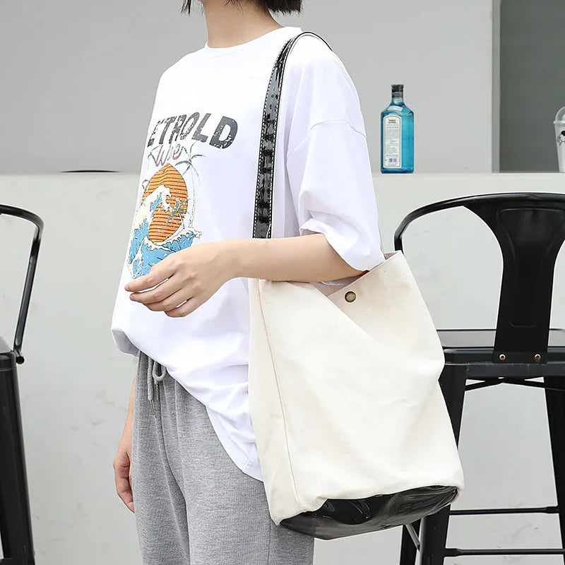 Canvas Shoulder Bag Leisure Art Bucket Bag Stitching Large Capacity