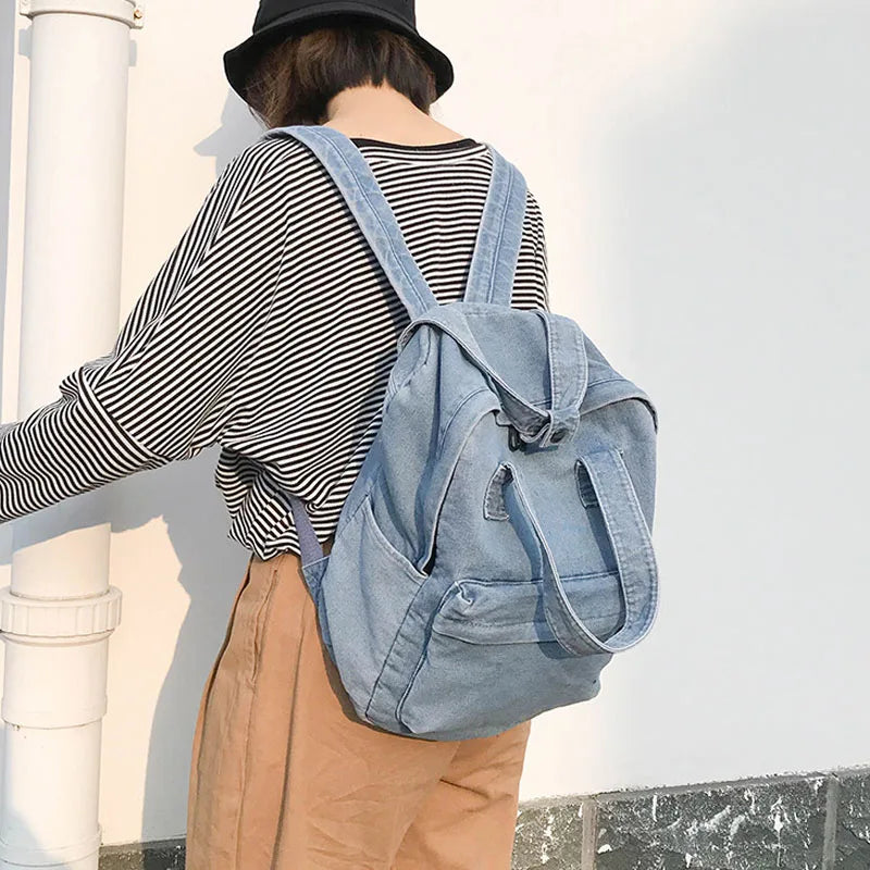 Denim Backpack School Bag for Women Student Large Capacity Shoulder Bag