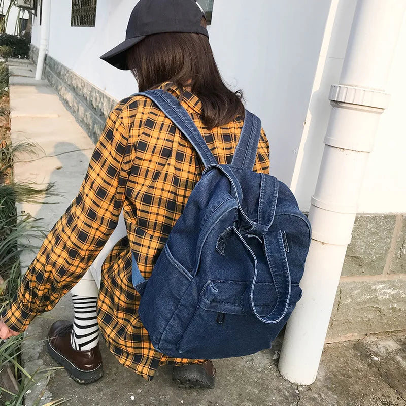 Denim Backpack School Bag for Women Student Large Capacity Shoulder Bag
