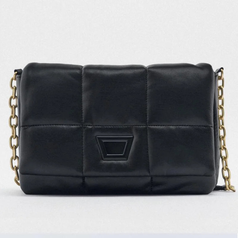 Quilted Soft Leather Women Shoulder Bag Padded Down Purse Tote Solid Handbag