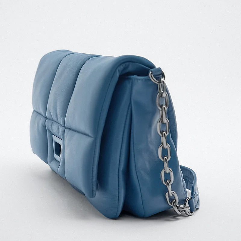 Quilted Soft Leather Women Shoulder Bag Padded Down Purse Tote Solid Handbag