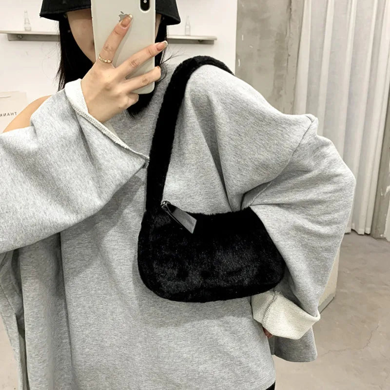 Soft Plush Hobos Shoulder Bags Furry Ladies Clutch Handbag