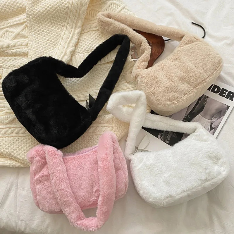 Soft Plush Hobos Shoulder Bags Furry Ladies Clutch Handbag