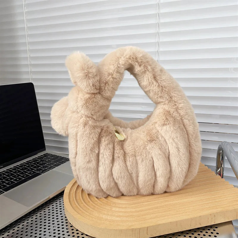 Soft Plush Hobos Shoulder Bags Winter Furry Ladies Clutch Handbag