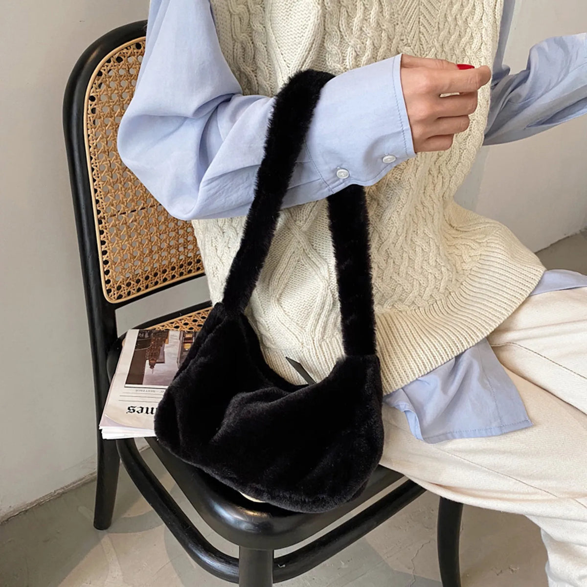 Soft Plush Hobos Shoulder Bag Winter Furry Clutch Purse Handbag - Women