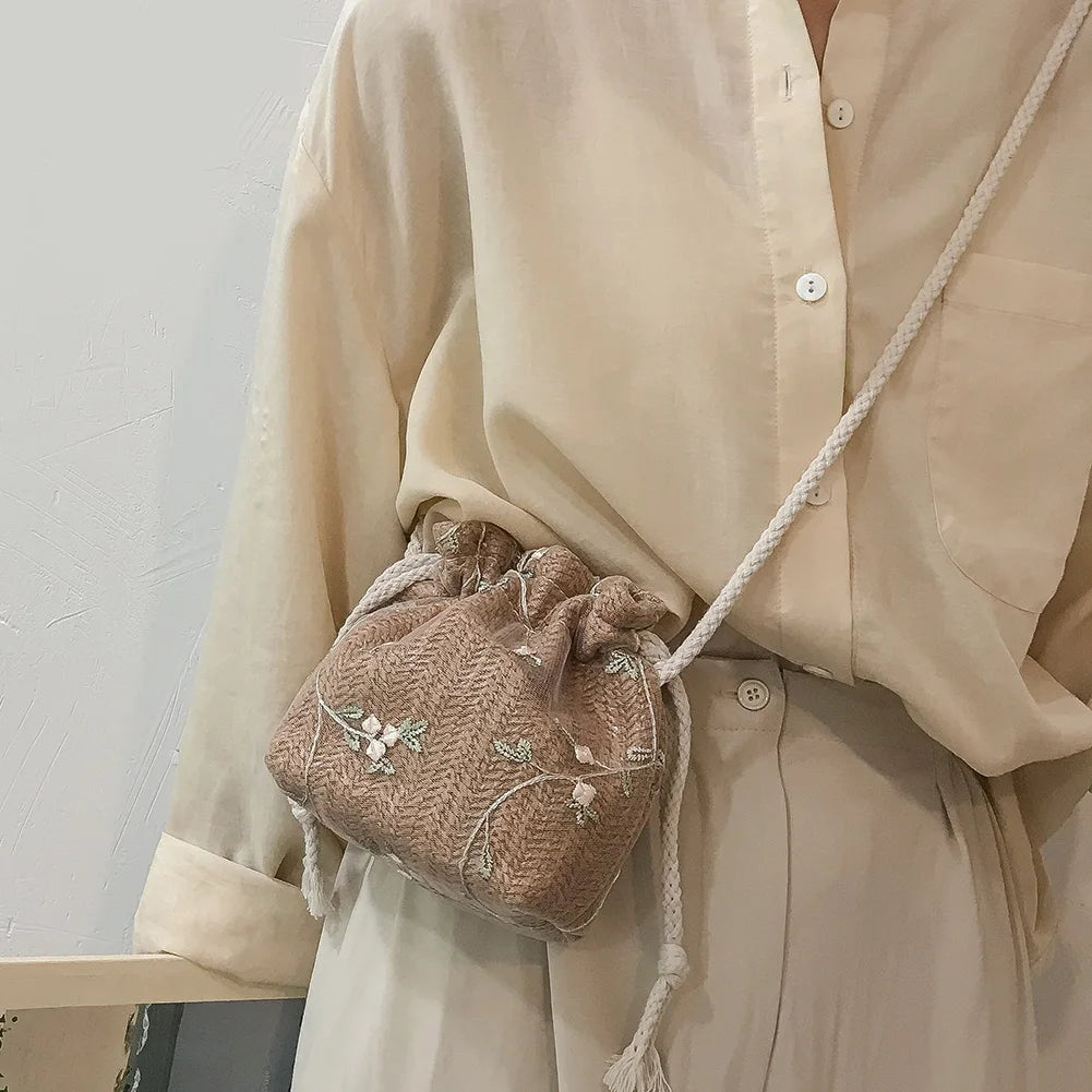 Lace Flower Decor Drawstring Shoulder Crossbody Handbag