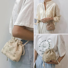 Lace Flower Decor Drawstring Shoulder Crossbody Handbag
