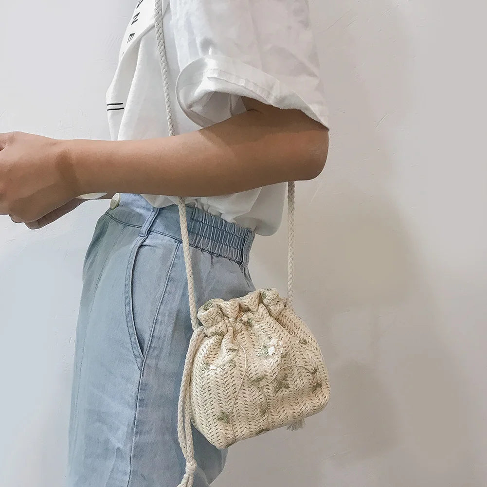 Lace Flower Decor Drawstring Shoulder Crossbody Handbag