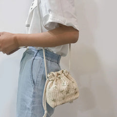 Lace Flower Decor Drawstring Shoulder Crossbody Handbag
