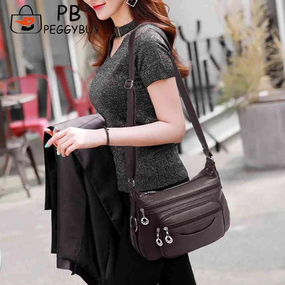Soft Leather Women Shoulder Bag Multi-Layer Pocket Solid Zipper Satchel