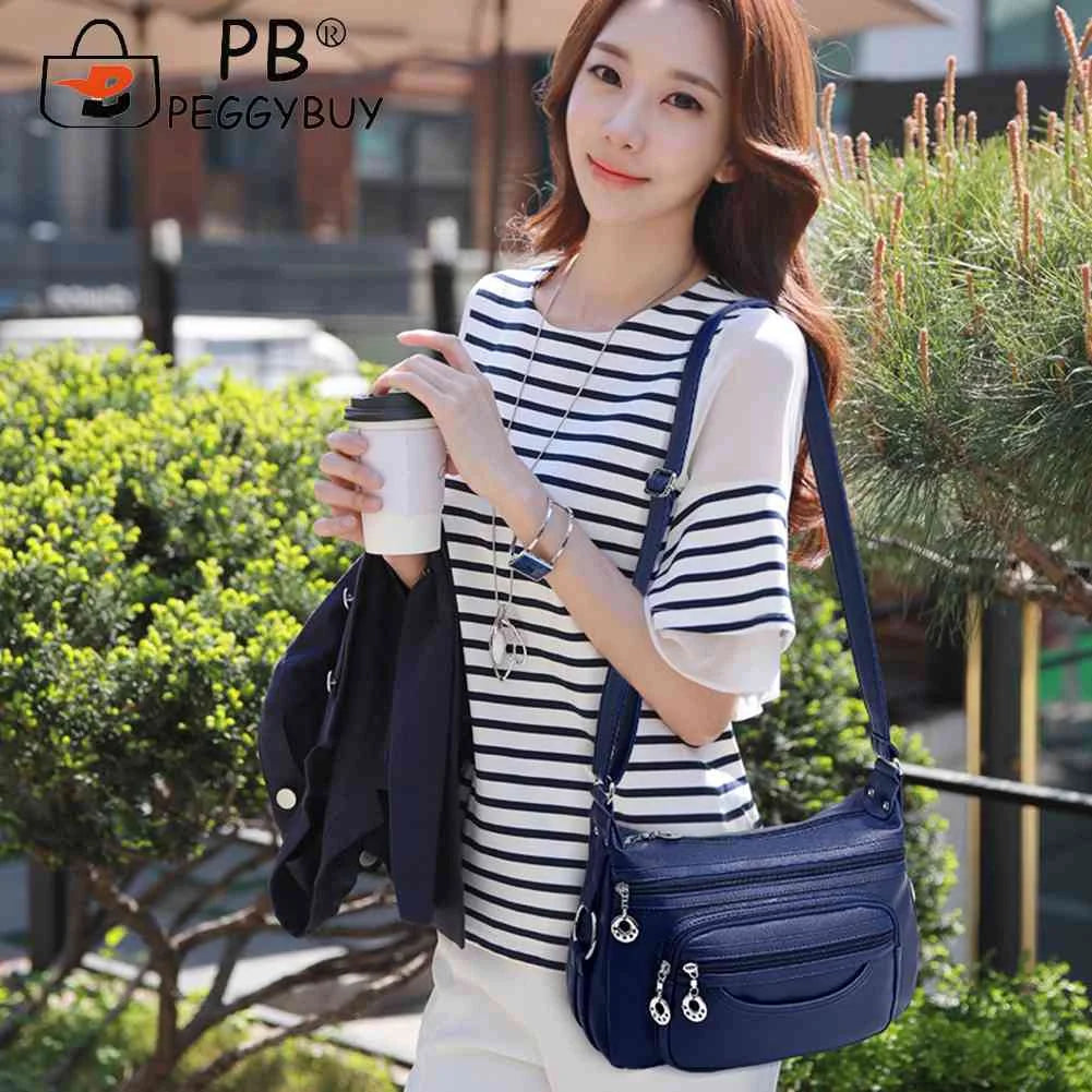 Soft Leather Women Shoulder Bag Multi-Layer Pocket Solid Zipper Satchel