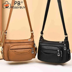 Soft Leather Women Shoulder Bag Multi-Layer Pocket Solid Zipper Satchel