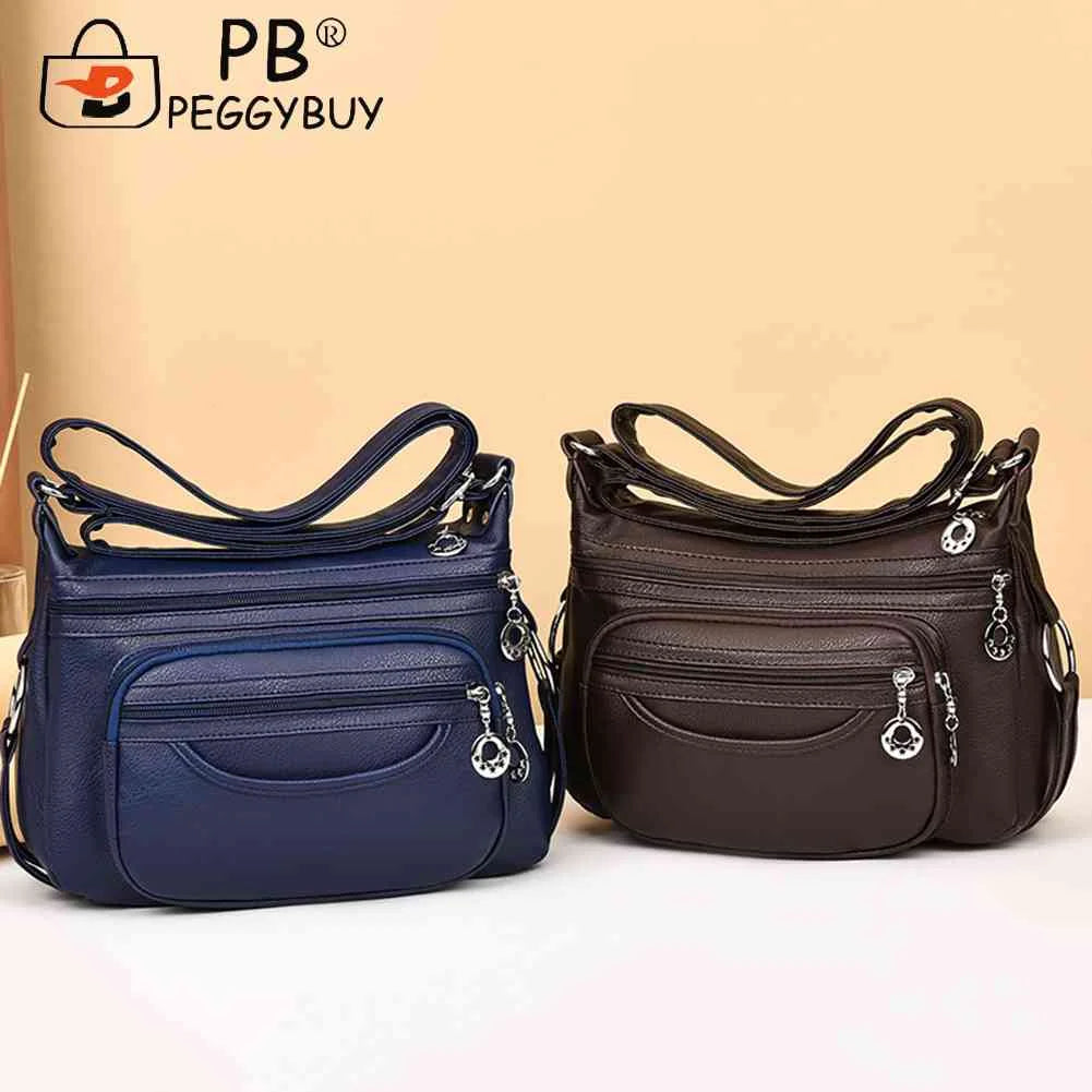 Soft Leather Women Shoulder Bag Multi-Layer Pocket Solid Zipper Satchel