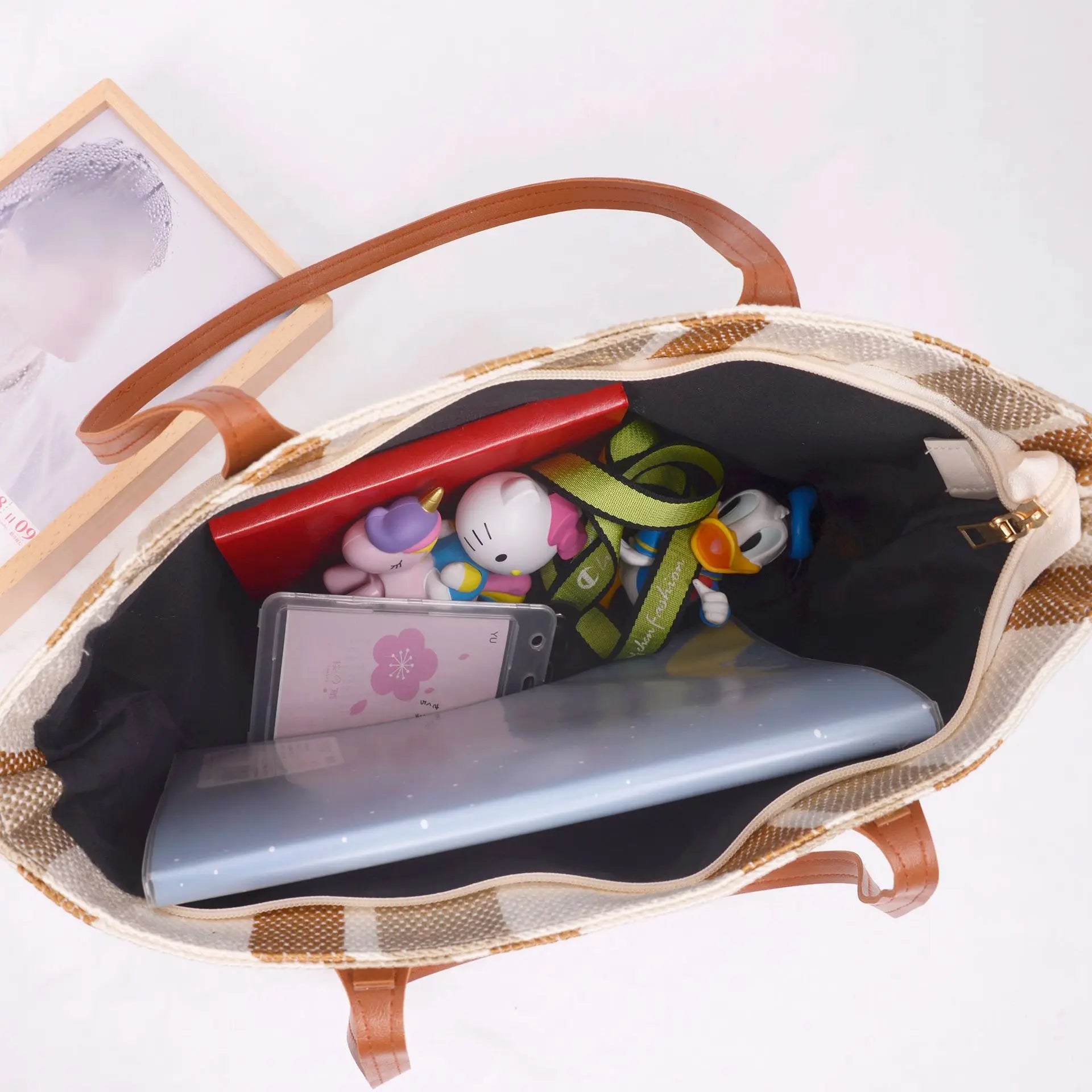 Large Canvas Handbag Vintage Striped Tote Bag Female Briefcase Style