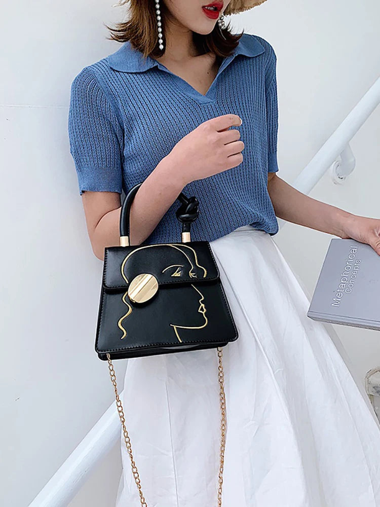 Women Shoulder Bags Texture Embroidery Small Bag PU Leather Chains Handbag