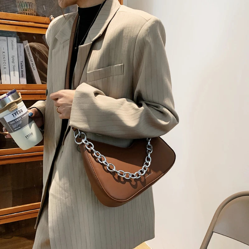 Vintage French Shoulder Bag Metal Chain Crossbody Bag Women Handbags