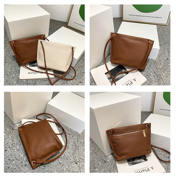 Small Leather Crossbody Bag for Women Solid Bucket Messenger Purse