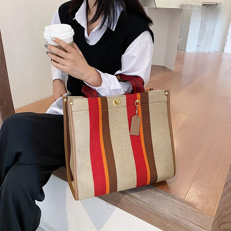 Vintage Striped Tote Bag for Women Large Capacity