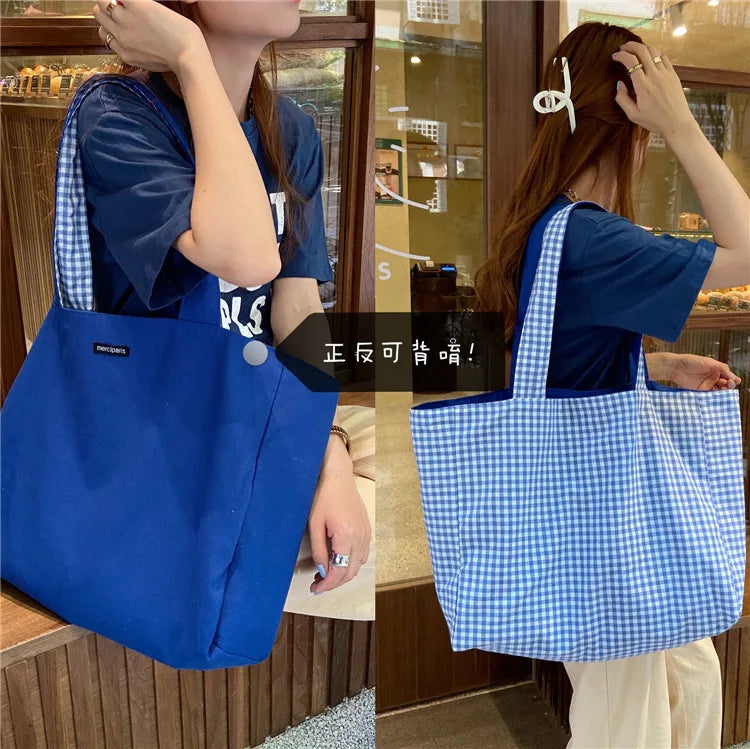 Plaid Women Canvas Handbags Double-sided Ladies Large Shoulder Bag