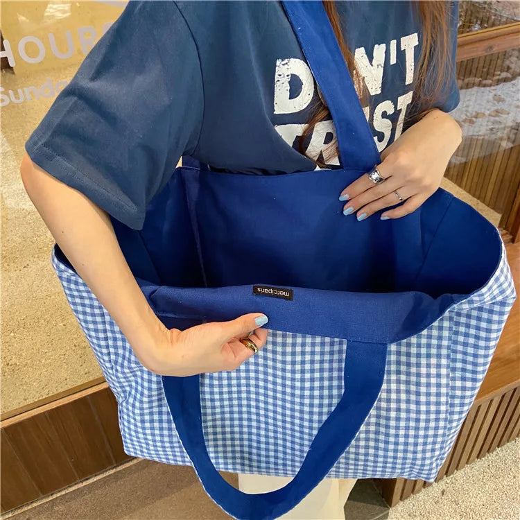 Plaid Women Canvas Handbags Double-sided Ladies Large Shoulder Bag