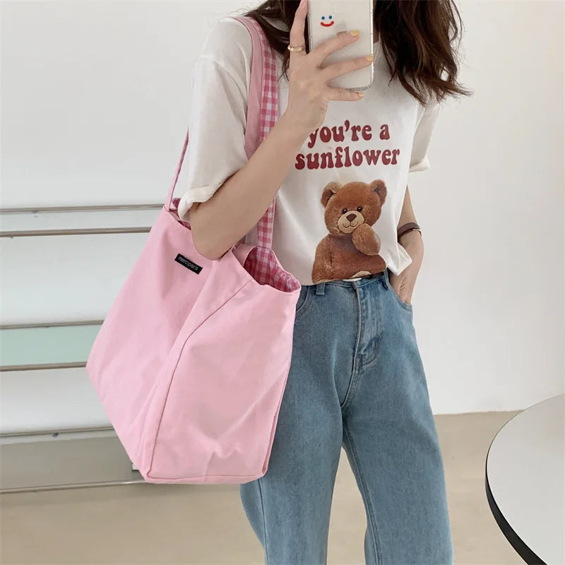 Plaid Women Shoulder Bag Student Tote Handbags Large Capacity Eco Shopping Bags