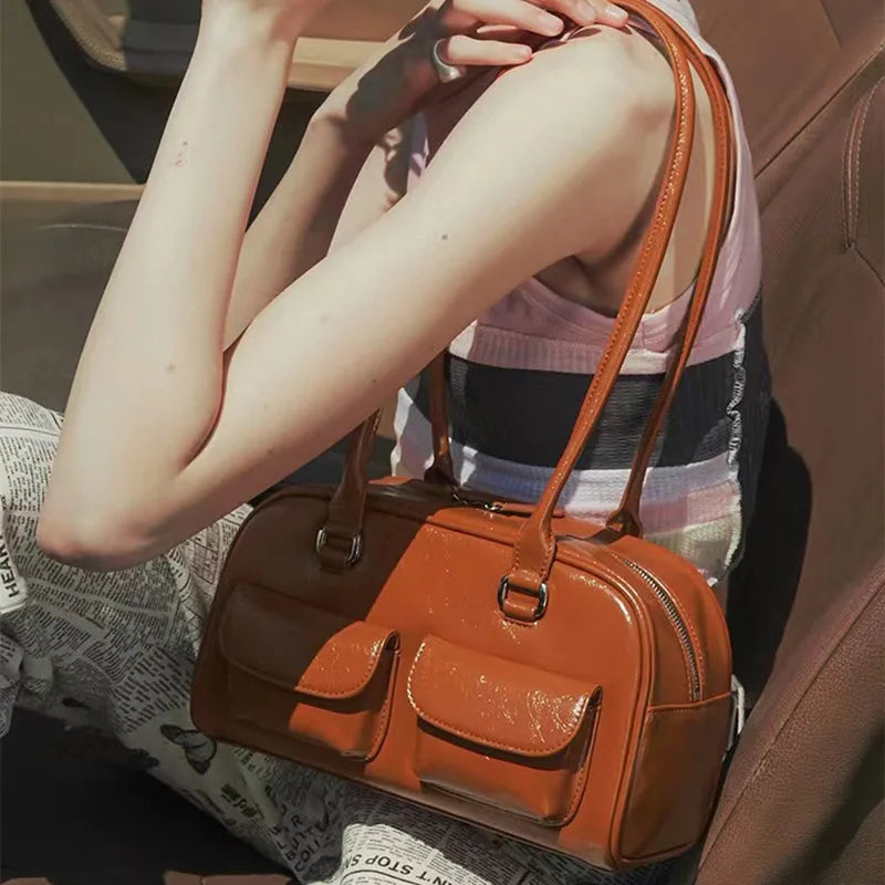 Pu Women's Shoulder Bag Bright Face Solid Basics Zipper Underarm Bag