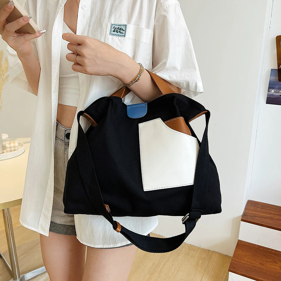 Canvas Tote Bag Women Shoulder Handbag Small Fresh Retro Casual Large-capacity