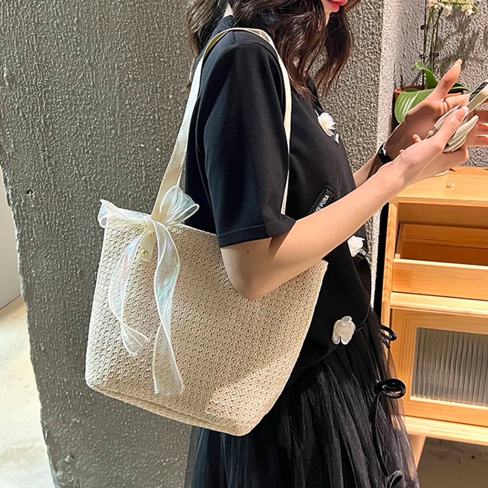 Beach Tote Bag Shoulder Bag Handbag Large Capacity Weave Lace Bow Handbag