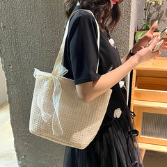 Beach Tote Bag Shoulder Bag Handbag Large Capacity Weave Lace Bow Handbag
