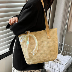 Beach Tote Bag Shoulder Bag Handbag Large Capacity Weave Lace Bow Handbag